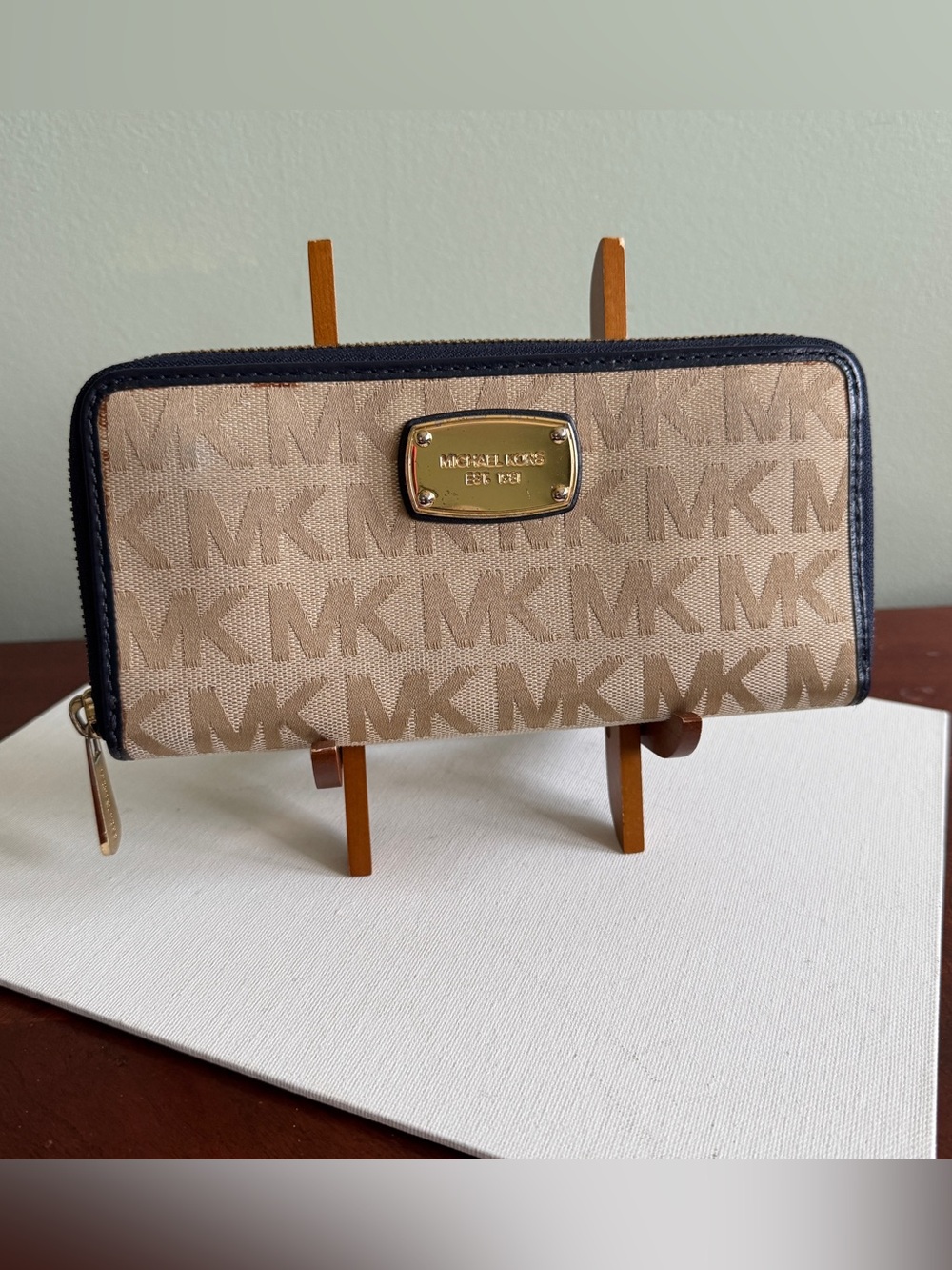 Michael Kors Tan MK Canvas Signature Zip Wallet with Navy Blue Leather Trim